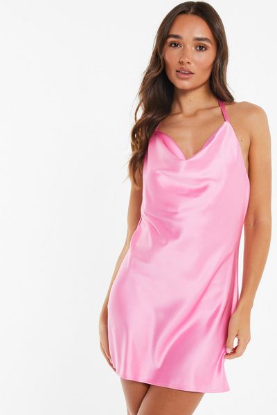 Pink Diamante Satin Mini Dress