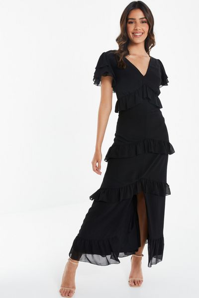 Black Chiffon Frill Midaxi Dress