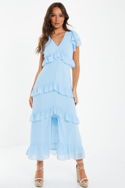 Blue Chiffon Frill Midaxi Dress