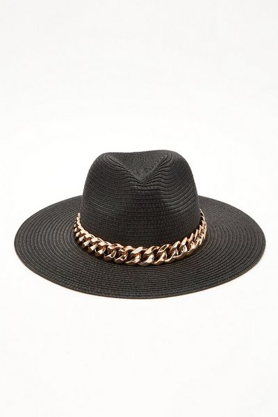 Black Straw Chain Fedora Hat