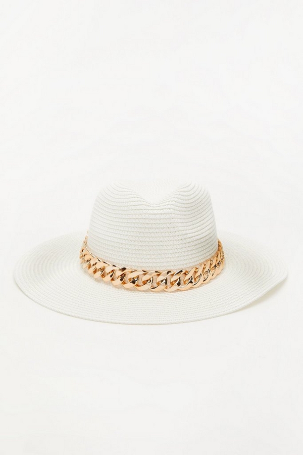 White Straw Chain Fedora Hat