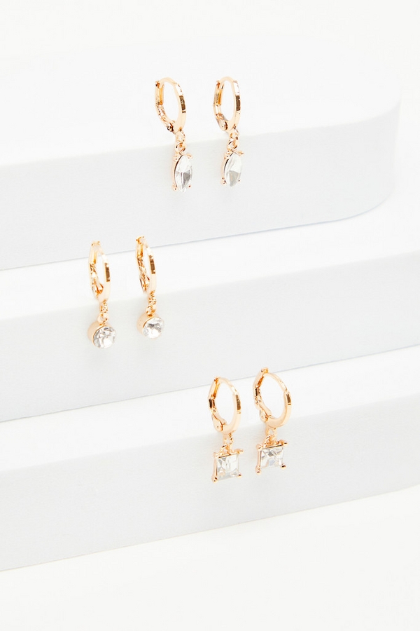 Gold Drop Diamante Stone Earrings Set