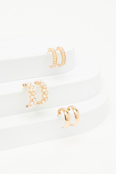 Gold Pearl Hoop Earrings Set