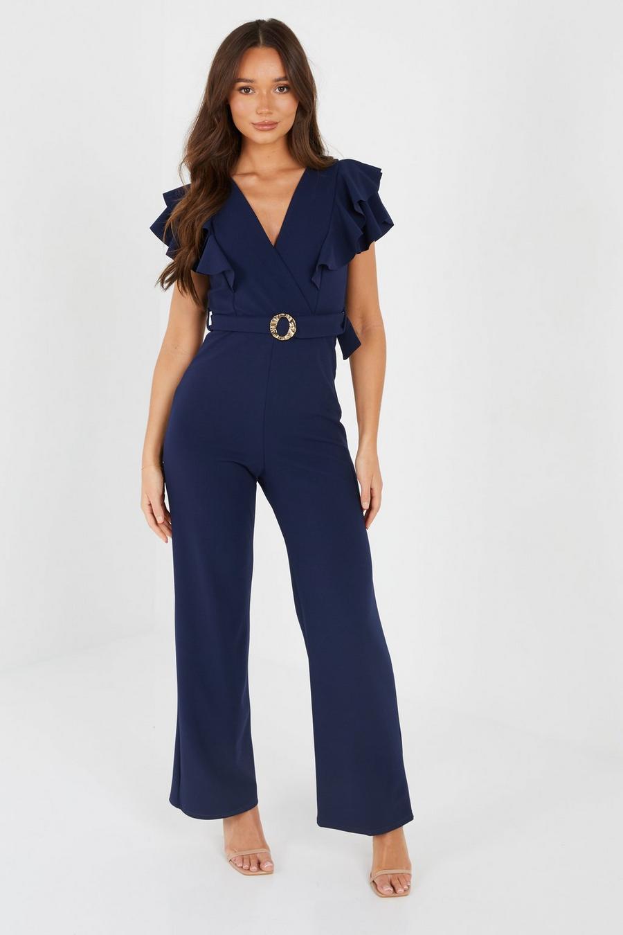 Possible Traditional Addict Navy Frill Sleeve Palazzo Jumpsuit - Quiz Clothing