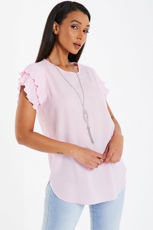 Pink Frill Sleeve Necklace Top