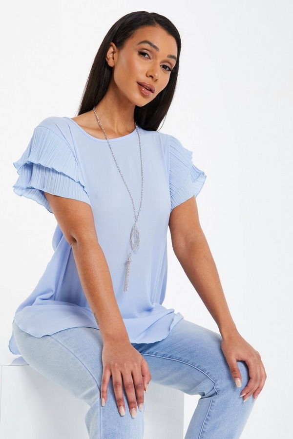Blue Frill Sleeve Necklace Top
