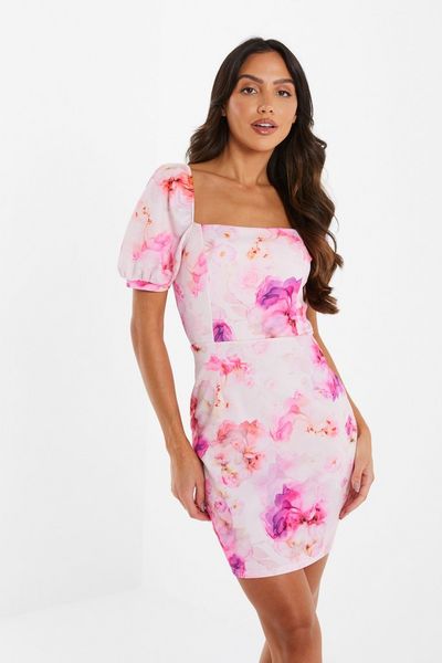 Pink Floral Print Bodycon Midi Dress