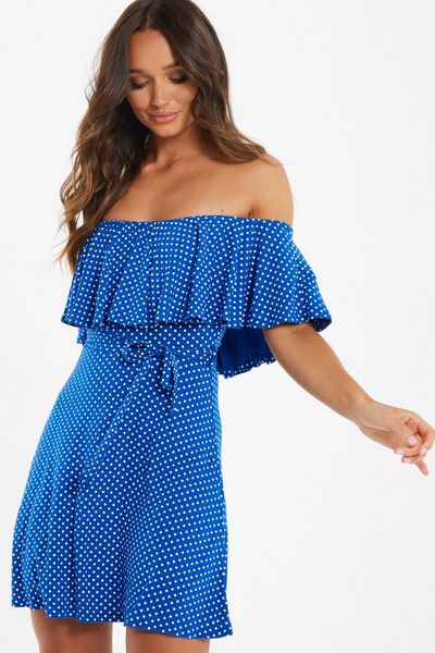 Blue Polka Dot Bardot Dress