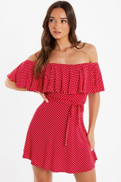 Red Polka Dot Bardot Dress