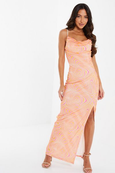 Orange Swirl Print Bodycon Maxi Dress