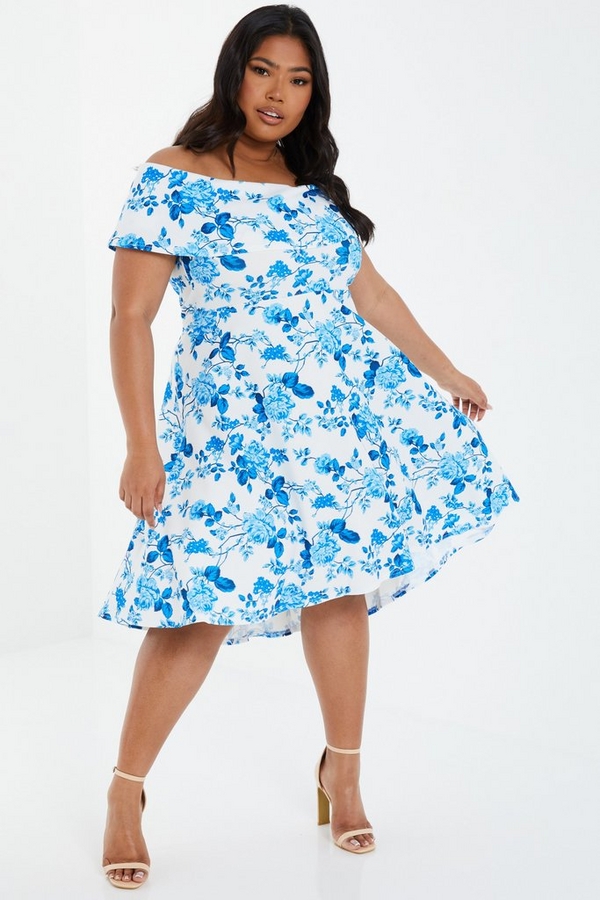 Curve Blue Floral Print Bardot Midi Dress