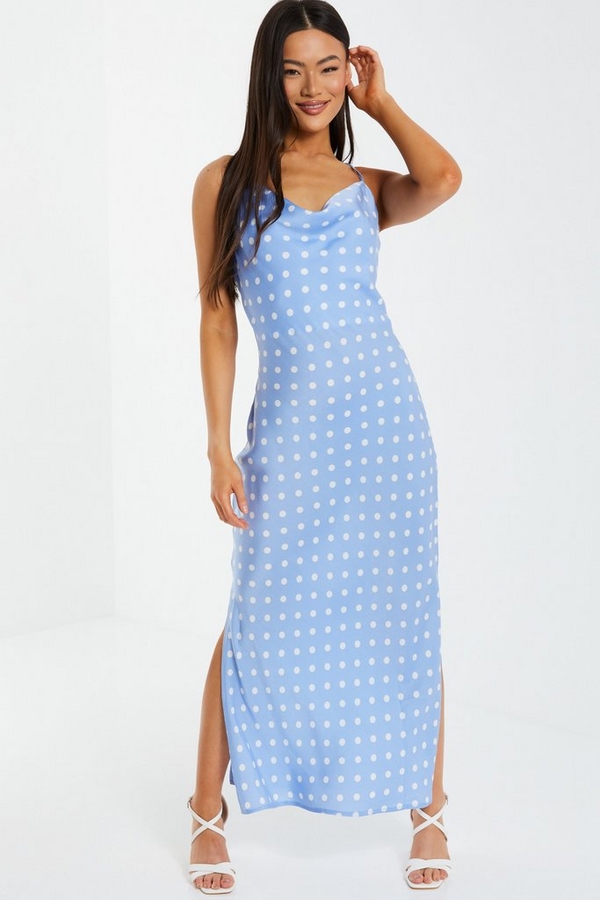Blue Polka Dot Satin Maxi Dress