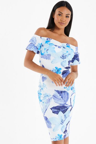 Blue Floral Bardot Midi Dress