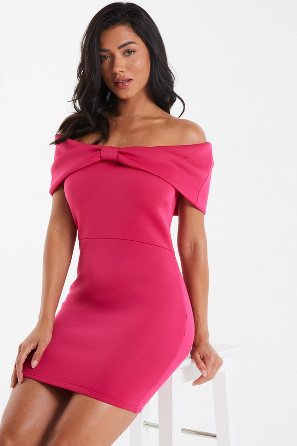 Pink Bow Bardot Bodycon Mini Dress