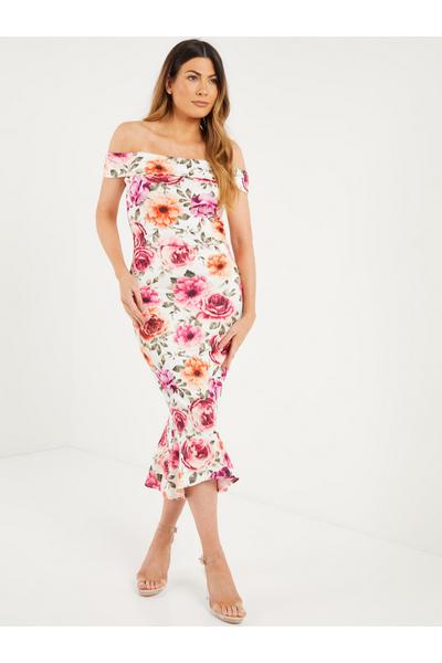 Cream/Pink/Orange Scuba Floral Bardot Frill Midi Dress