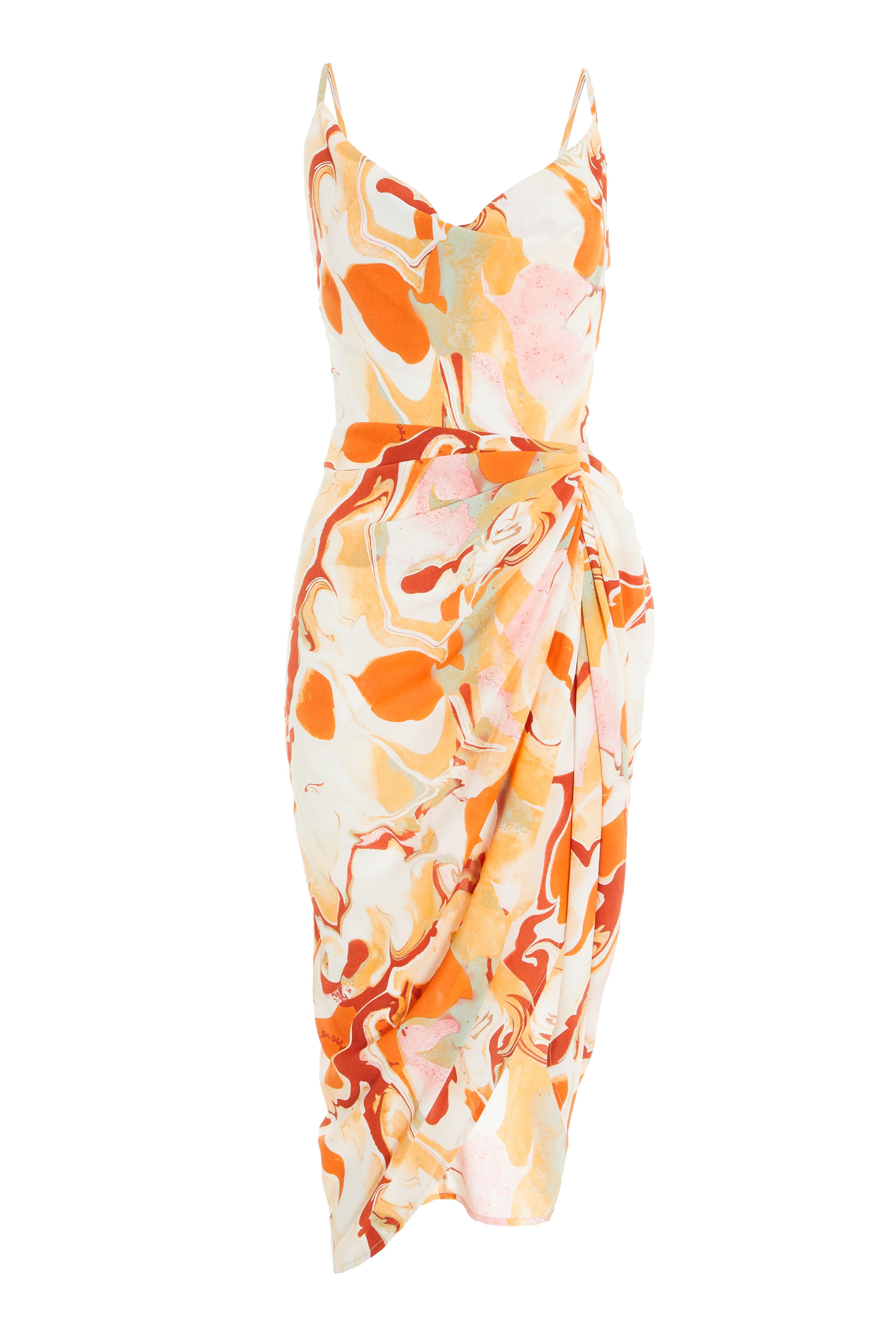 Orange Marble Print Ruched Midi Dress - Quiz Clothing