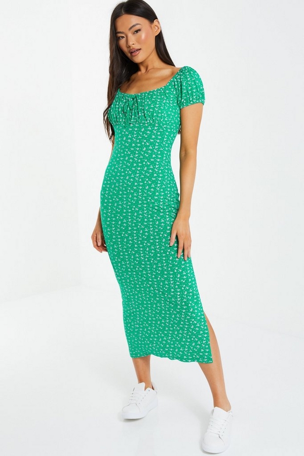 Green Ditsy Floral Ruched Midi Dress