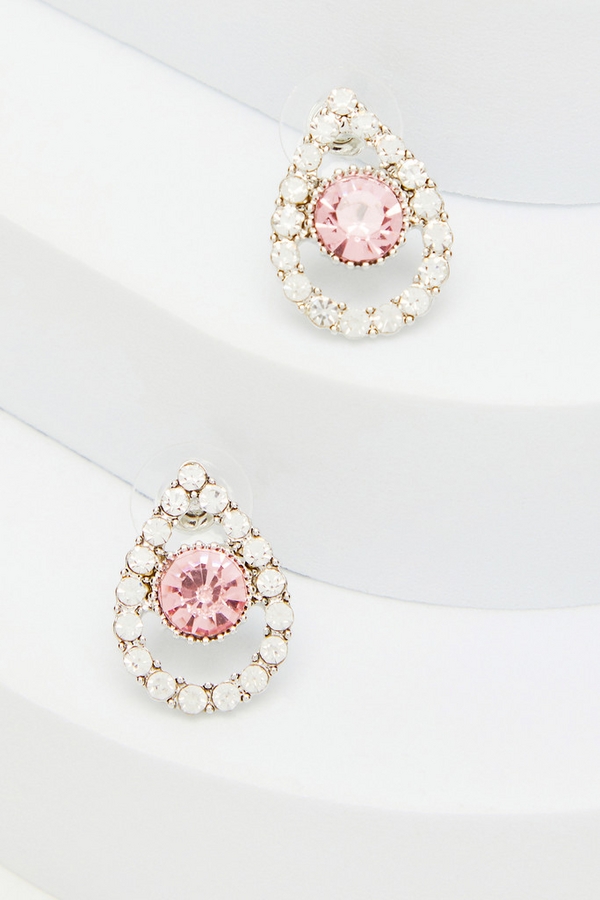 Pink Diamante Tear Drop Stud Earrings