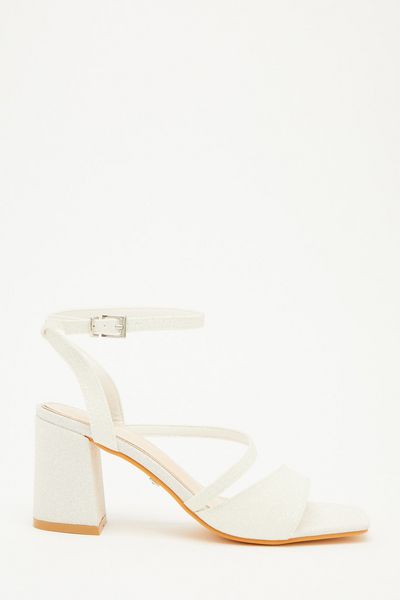 White Glitter Block Heeled Sandals