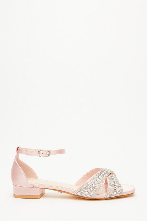 Wide Fit Pink Diamante Cross Strap Flat Sandals