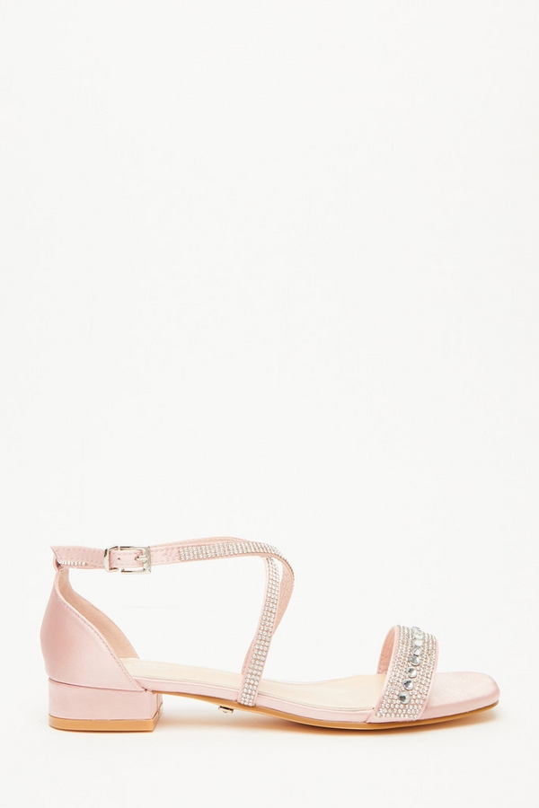 Pink Diamante Satin Cross Strap Flat Sandals