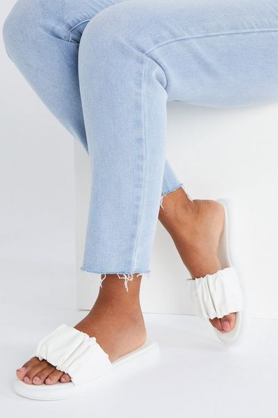 White Ruched Flat Sandals