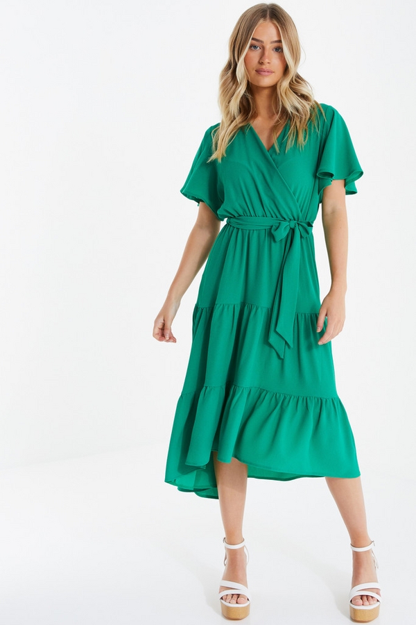 Petite Green Wrap Tiered Midi Dress
