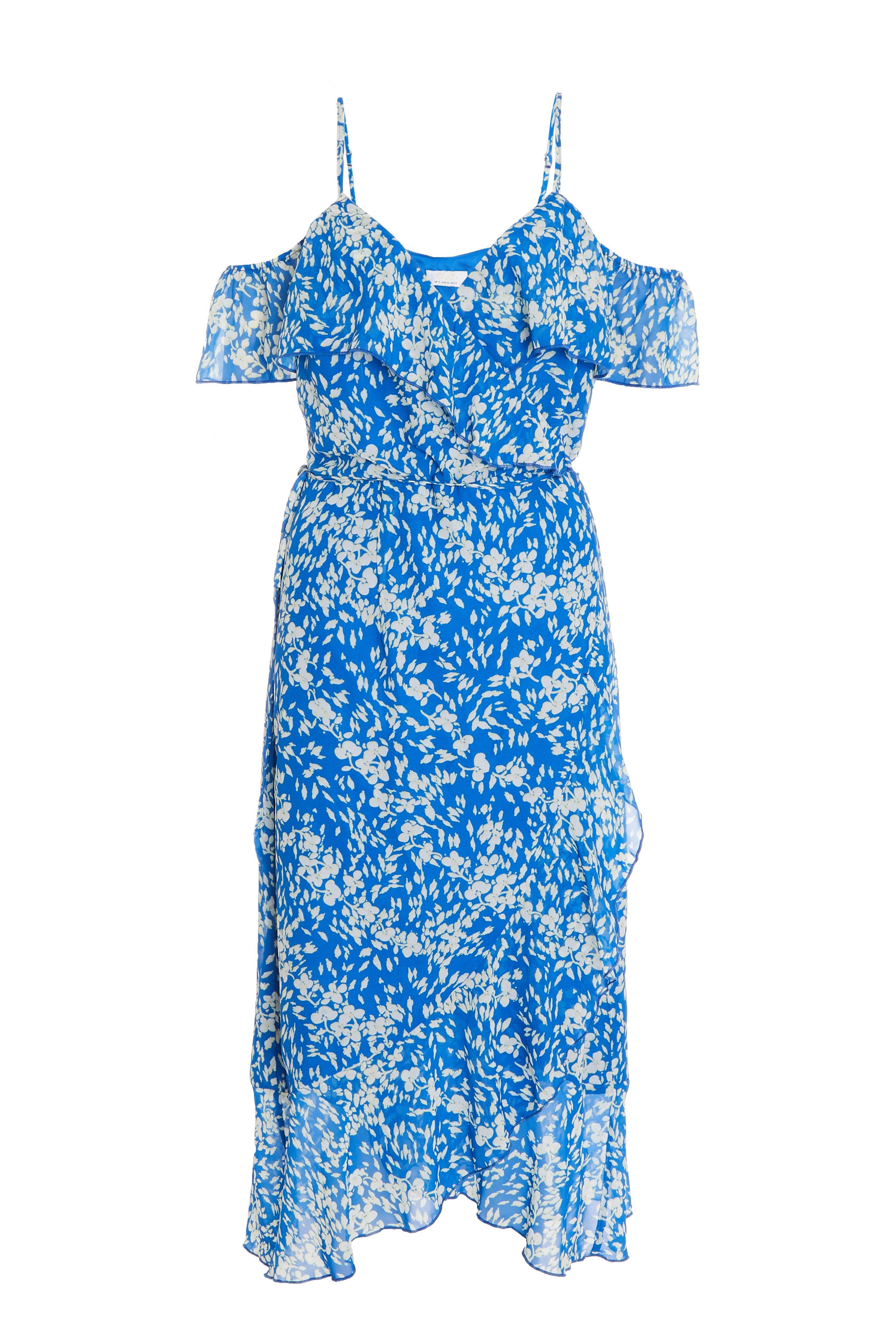 Blue Chiffon Floral Wrap Midi Dress - Quiz Clothing