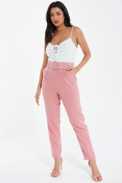 Pink Belted Tapered Trousers
