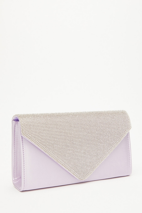 Lilac Satin Diamante Clutch Bag