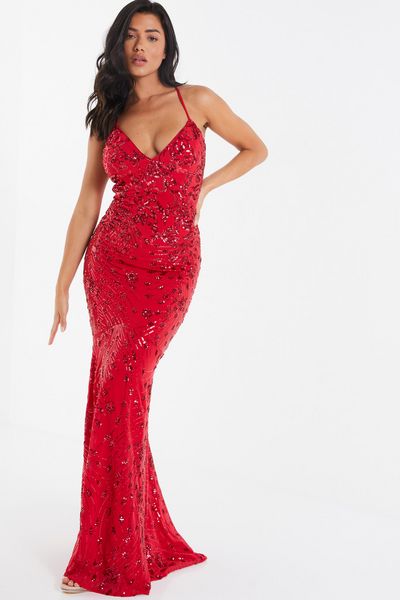 Red Sequin Fishtail Maxi Dress