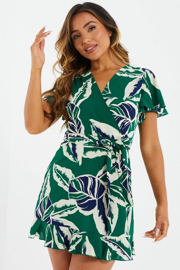 Petite Green Tropical Print Wrap Mini Dress