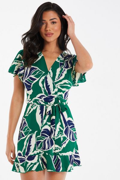 Green Tropical Print Wrap Mini Dress