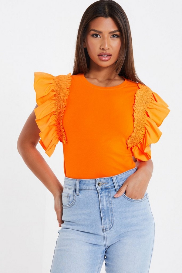 Orange Ribbed Frill Sleeve T-Shirt