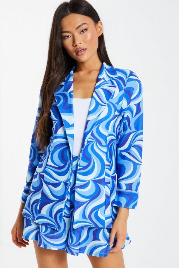 Blue Swirl Print Crop Sleeve Blazer