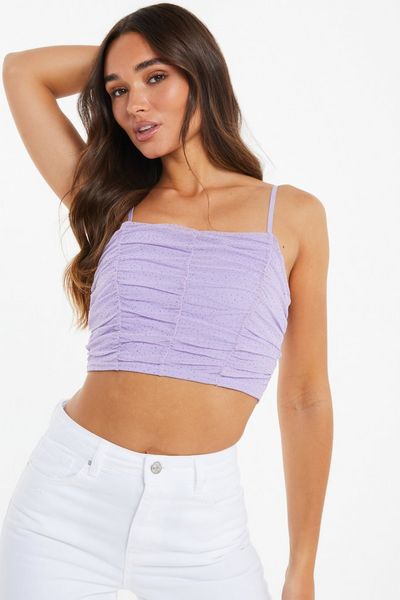 Lilac Glitter Mesh Ruched Crop Top