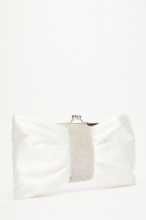 Bridal White Satin Diamante Bow Bag