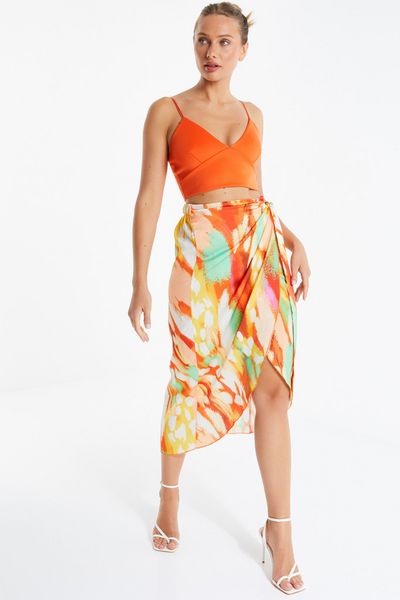 Orange Marble Print Satin Wrap Skirt
