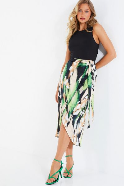 Green Marble Print Satin Wrap Skirt