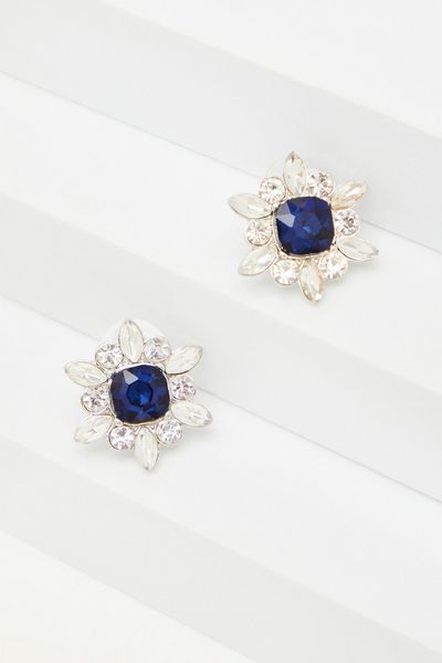 Navy Flower Jewel Stud Earrings
