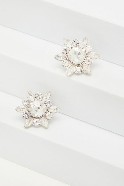 Silver Flower Jewel Stud Earrings