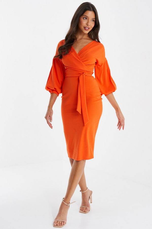Orange Wrap Midi Dress