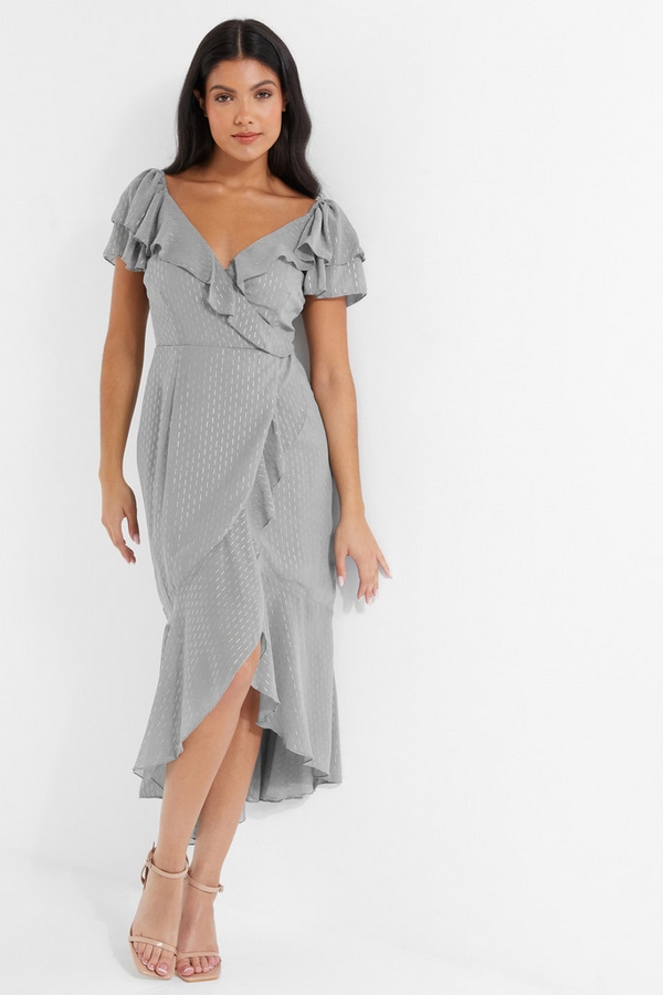 Grey Metallic Stripe Chiffon Midi Dress