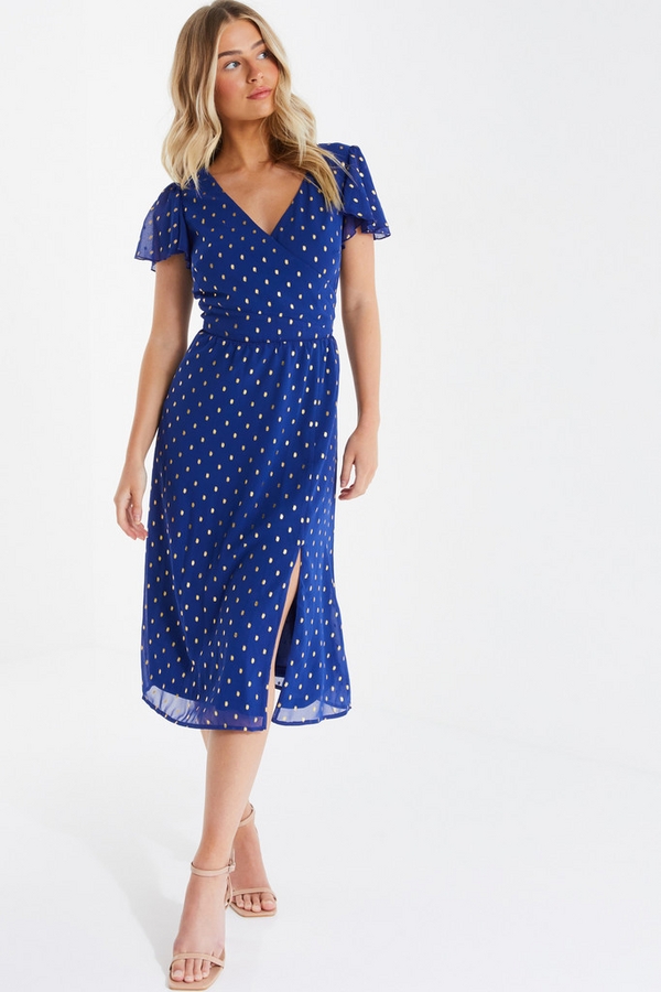 Petite Blue Spot Print Midi Dress