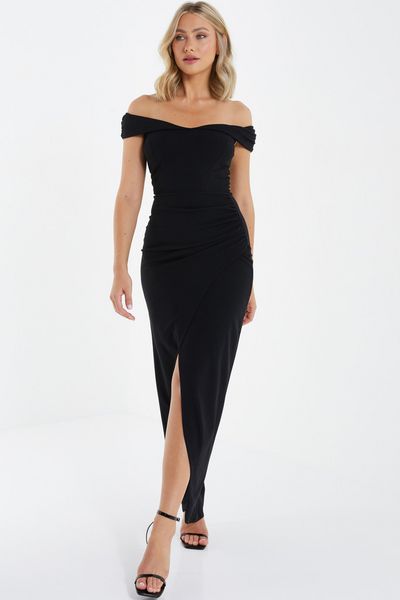 Black Ruched Bardot Maxi Dress