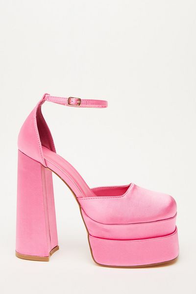 Pink Satin Platform Heeled Sandals