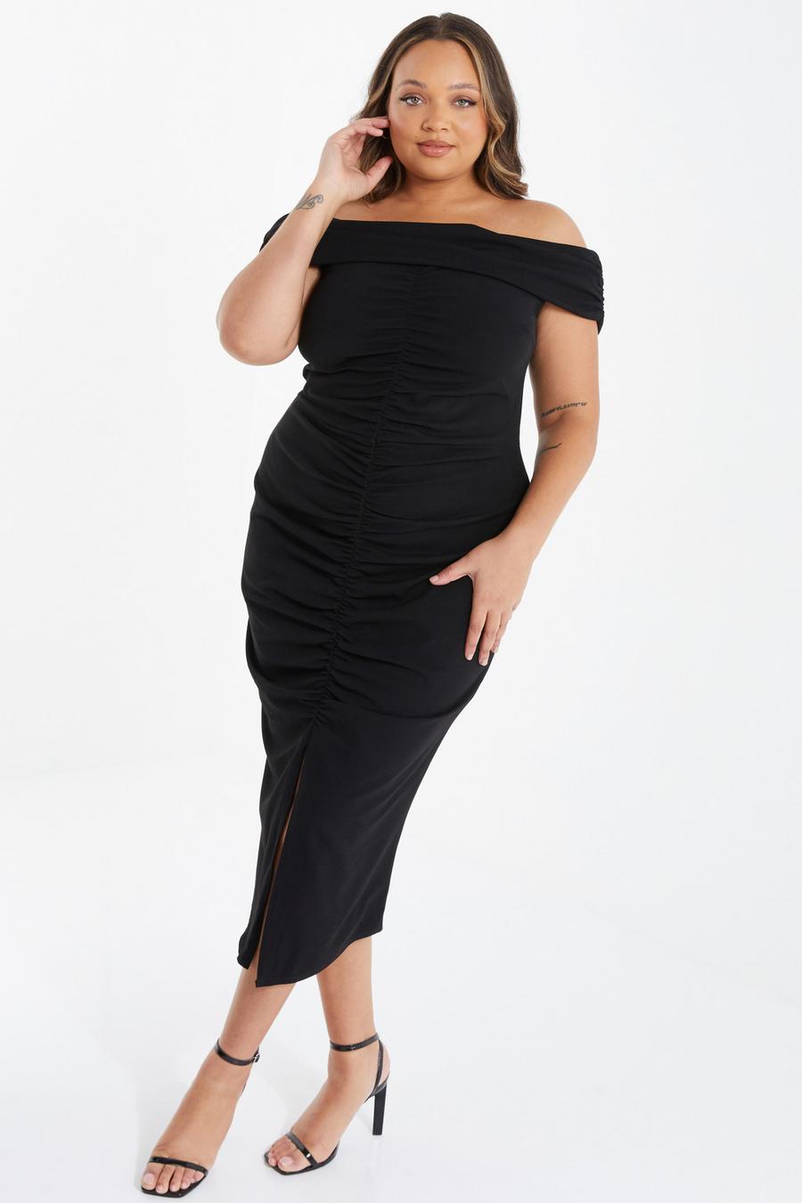 black ruched bardot bodycon dress