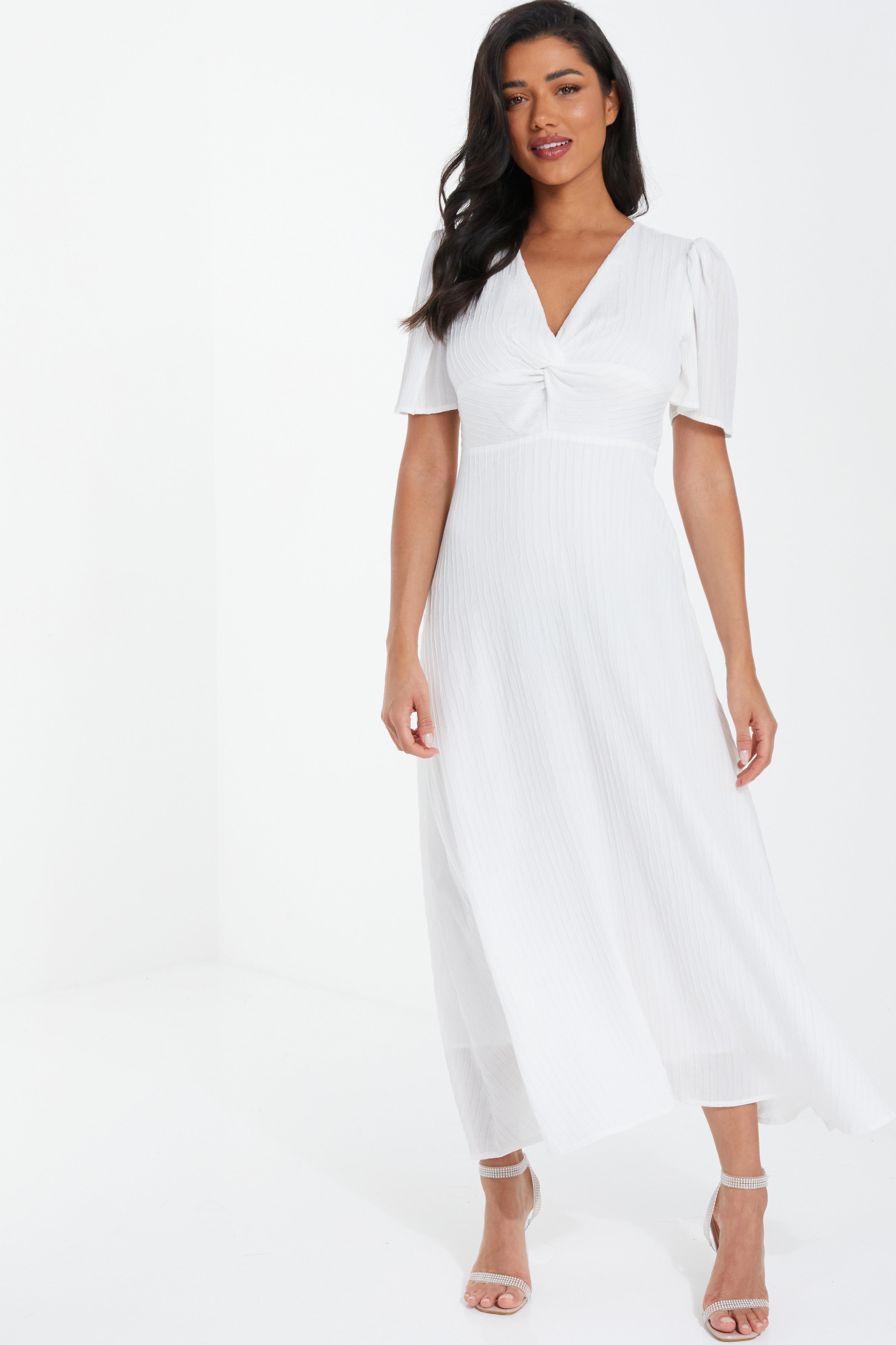 White Wrap Short Sleeve Midi Dress Classy White Dress, Wrap, 50% OFF