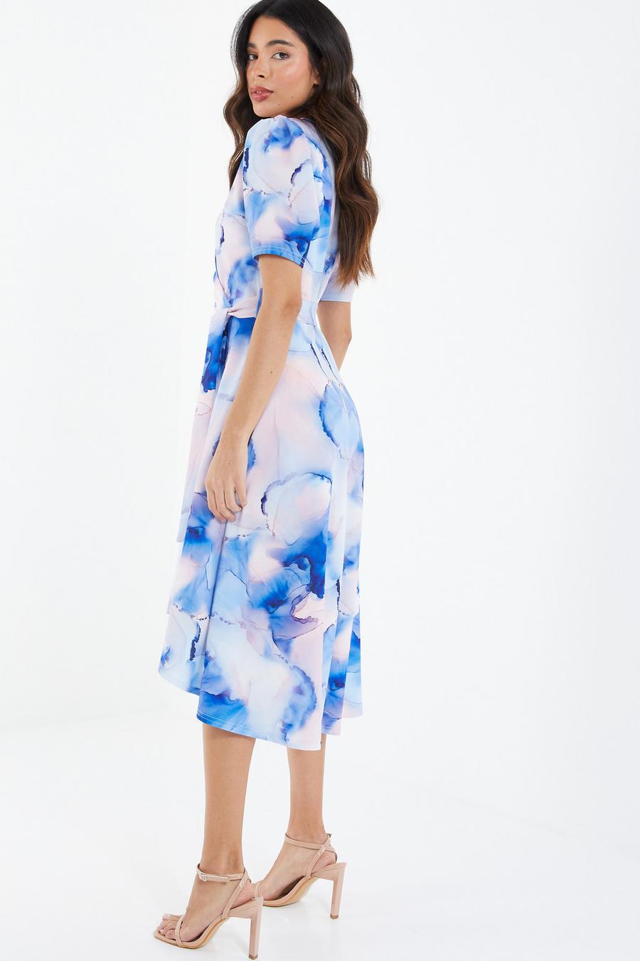 Blue Marble Print Dip Hem Dress - Quiz Clothing