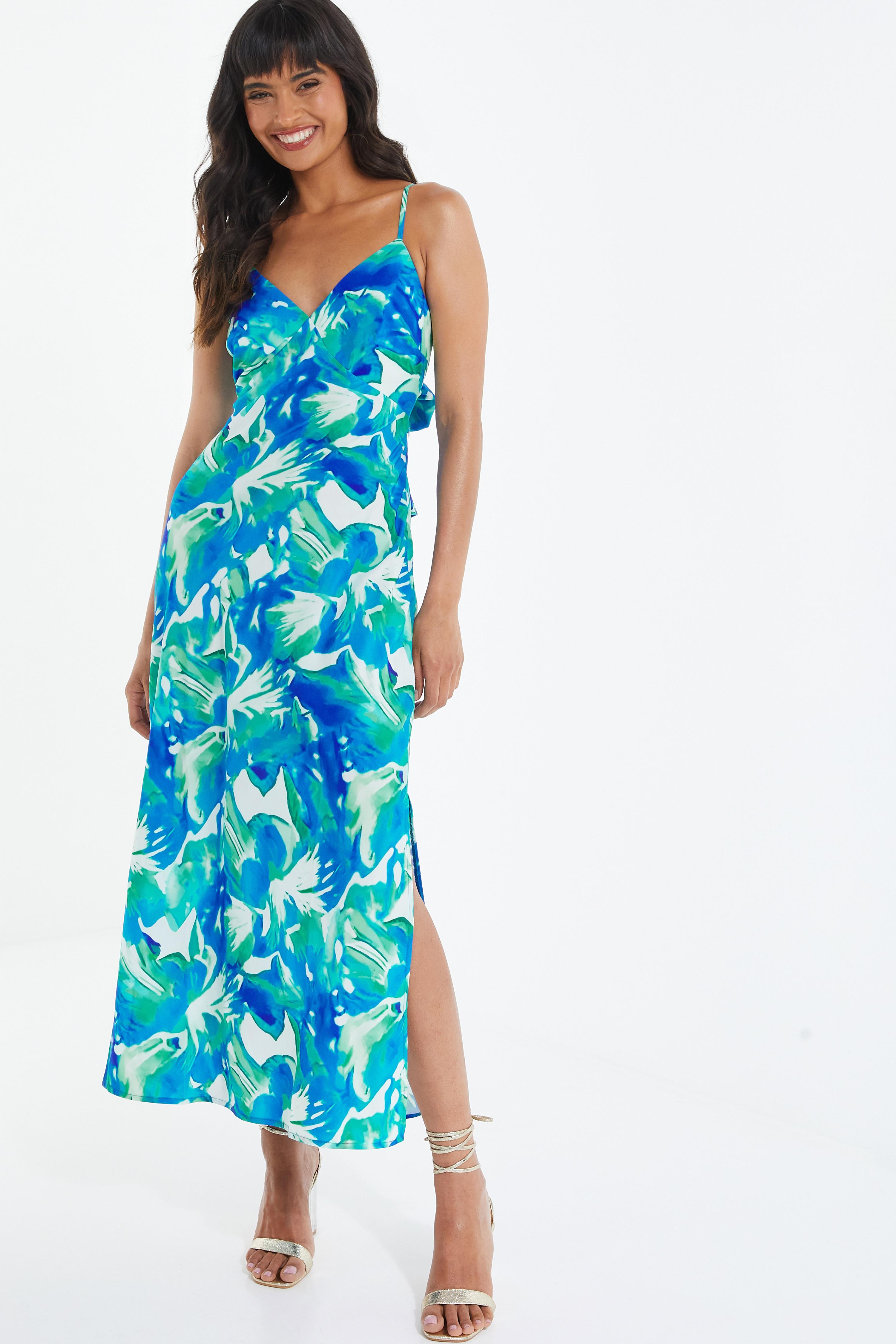 Blue Tropical Print Satin Midaxi Dress QUIZ Clothing